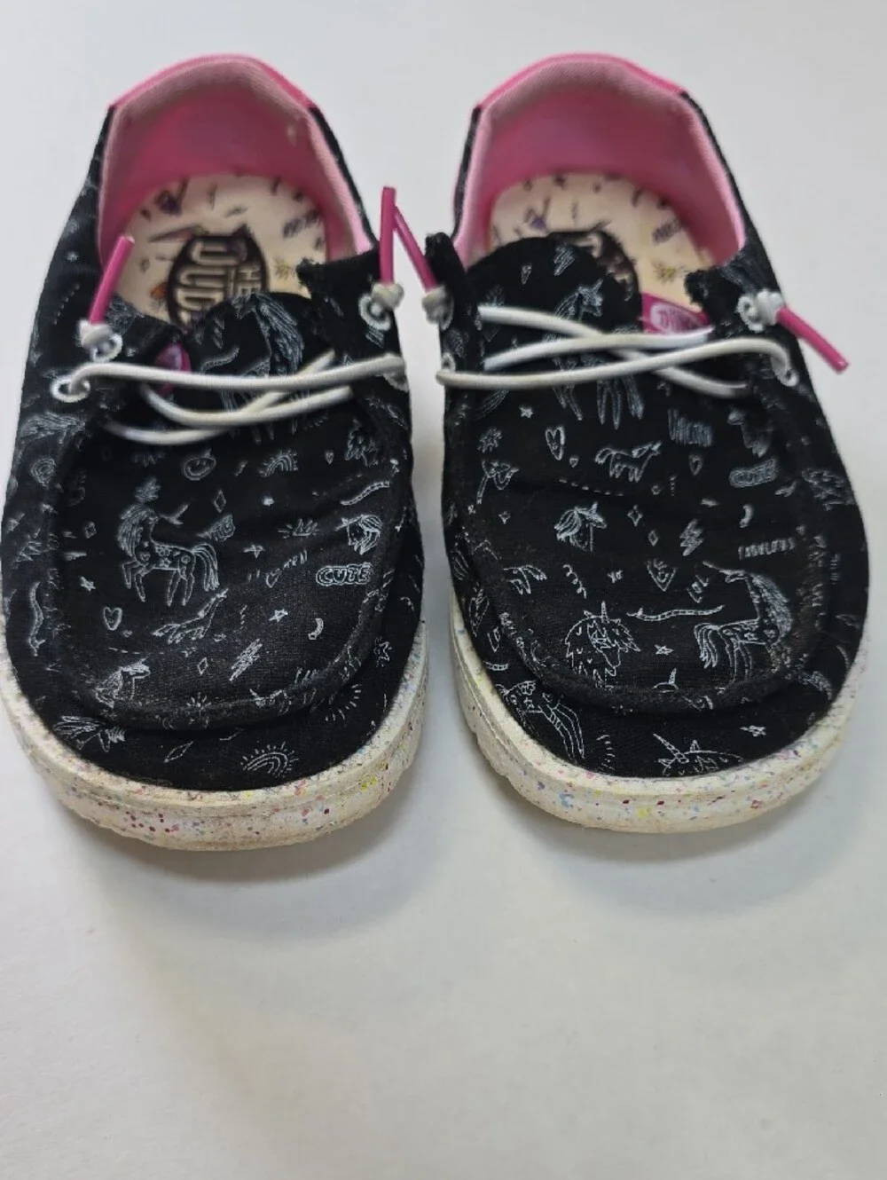 EUC Hey Dude Kids Black Sneakers with Pink Trim and Unicorn Print